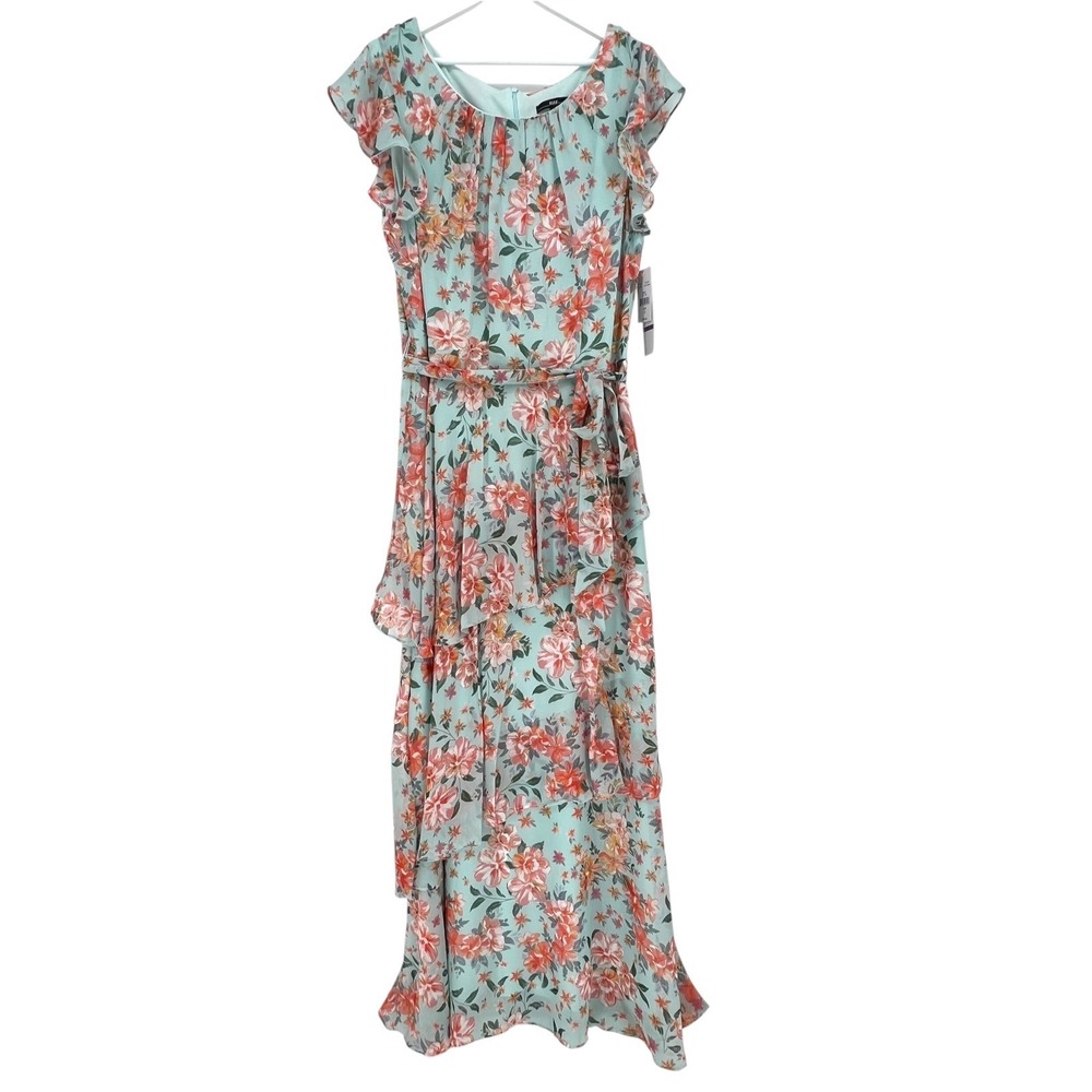 R&K Floral Tiered Maxi Dress Women 18 Blue Coral Ruffle Chiffon Belted Romantic